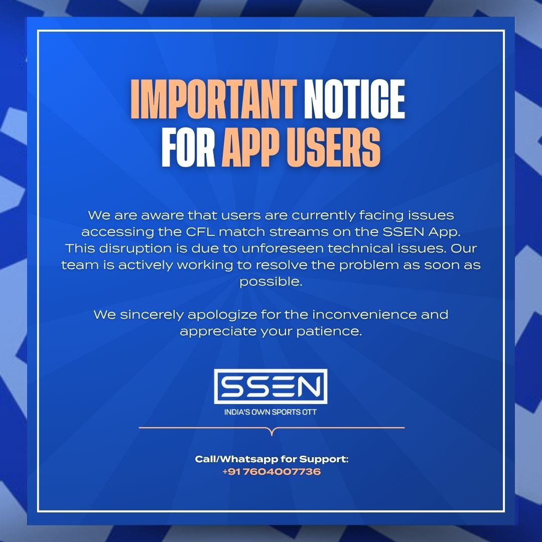 ssen_co's tweet image. We’re aware of the issue and working on it. Thanks for your patience. 🙏

#SSEN #AppUpdate #CFL2025 #TechnicalIssue #LiveStreaming