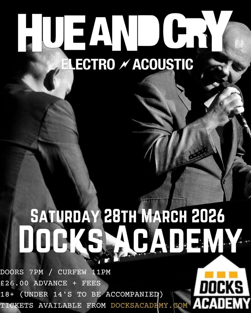 We're looking forward to bringing our Electro/Acoustic show to the <a href="/DocksAcademy/">Docks Academy</a> in Grimsby on Saturday 28th March 2026! Tickets for the show are available now 📷 seetickets.com/.../hue.../doc…
#hueandcry #grimsby #electroacoustic #HC26 #hueandcryelectroacoustic