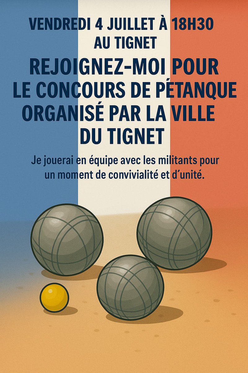 Lionel_Tivoli's tweet photo. đVendredi 4 juillet Ă 18h30 au Tignet, rejoignez-nous pour le concours de pĂ©tanque organisĂ© par la ville !
Je jouerai en Ă©quipe avec les militants pour un moment de convivialitĂ© et dâunitĂ©.
Venez nombreux ! #Pétanque #Tignet https://t.co/g2tZB8OOkx