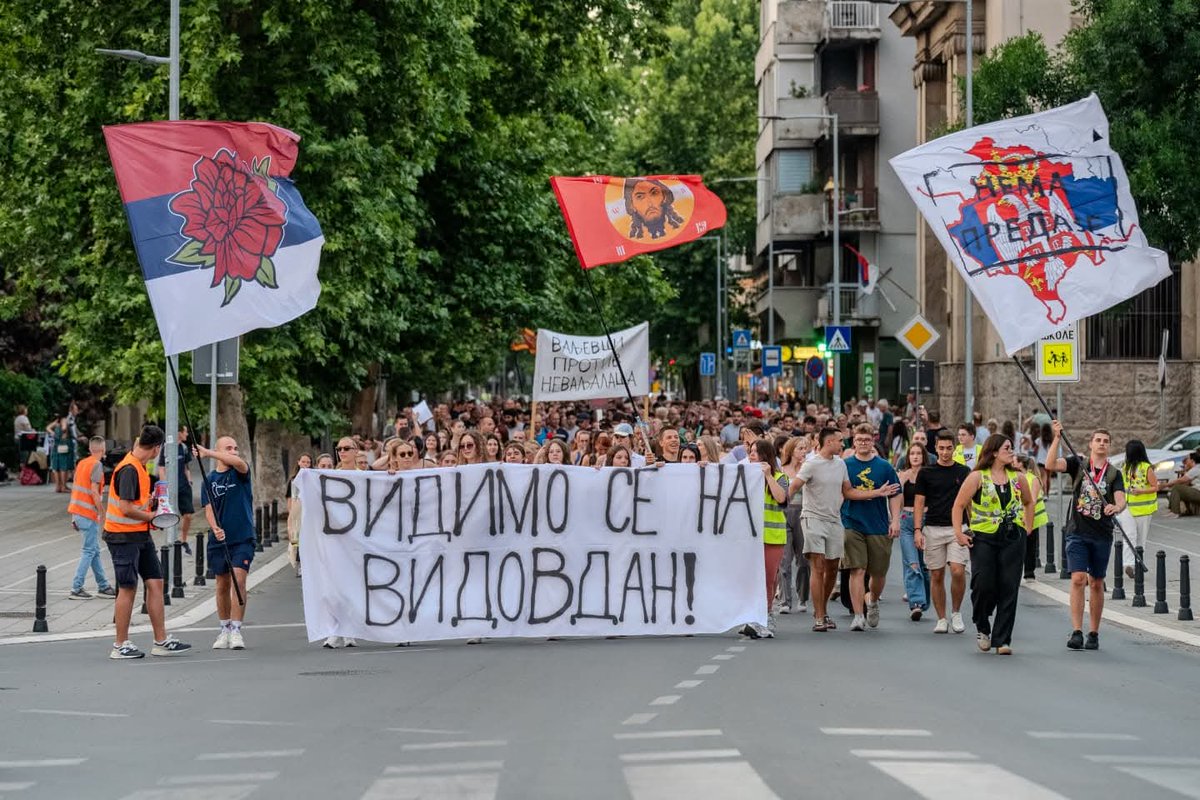Sinoc u Valjevu, setnja pred Beograd, u organizaciji nasih gimnazijalaca. Nepoznanica mi je zastava levo, sa cvetom. Zna li ko?