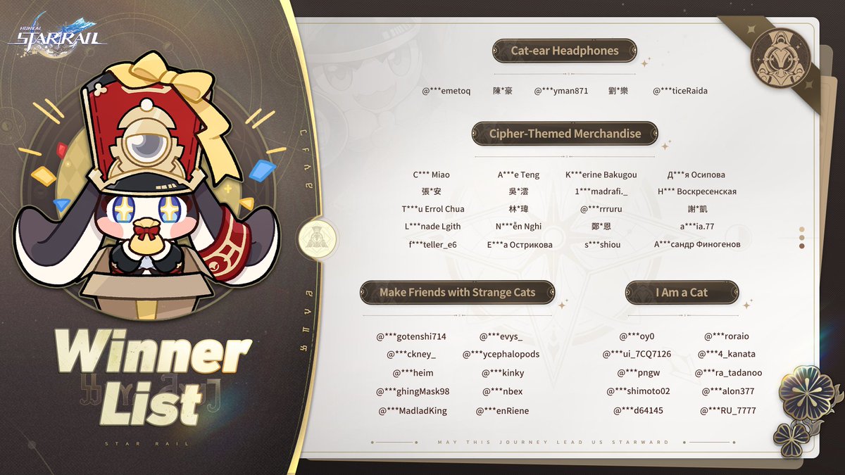 honkaistarrail's tweet photo. Winner Announcement
The event has ended~ Thank you very much for your participation. Congratulations, lucky Trailblazers!
Winners need to fill in their information in the Google sheet before 2025/07/03 10:00 (UTC+8). The information will only be used for reward issuance.
>> https://t.co/mKGPJfrdGq