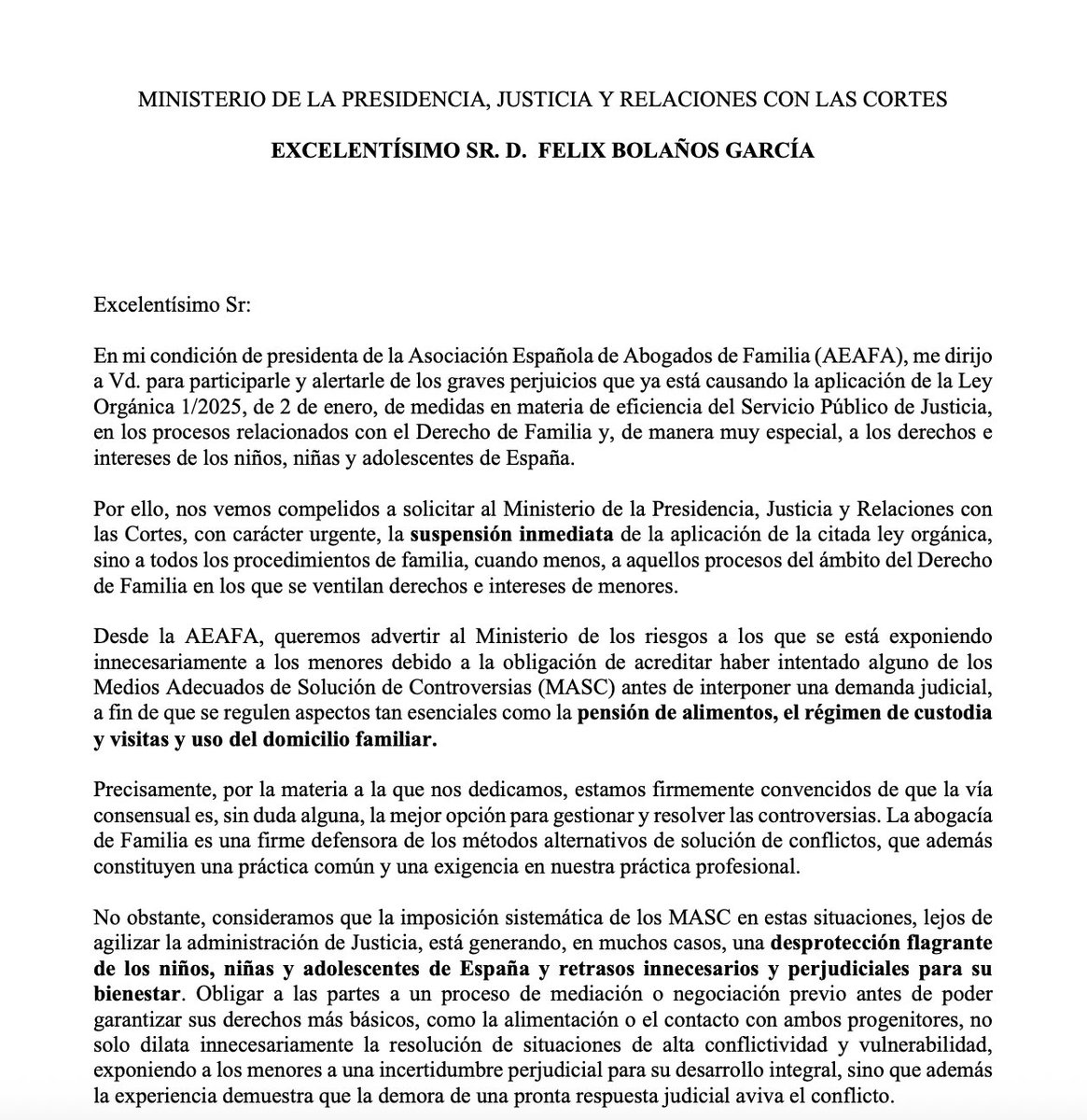 🗣️La AEAFA, como explicamos a <a href="/felixbolanosg/">Félix Bolaños</a>, es firme defensora de los métodos alternativos de solución de conflictos, que además son práctica común entre la abogacía de Familia. Pero no como establece la Ley de Eficiencia, con inseguridad jurídica y pésima técnica legislativa.