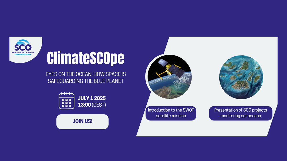 New Webinar: 
ClimateSCOpe #1 – Eyes on the ocean: How space is safeguarding the blue planet
📅 Date: Tuesday, July 1
🕐 Time: 12–1:30 BST
 🎫 Register: lnkd.in/gaF6Gudq
With <a href="/pixalytics/">Pixalytics</a> &amp; satellite #SWOT
<a href="/UNOOSA/">UNOOSA</a> #Oceans #BlueCarbon #Eelgrass