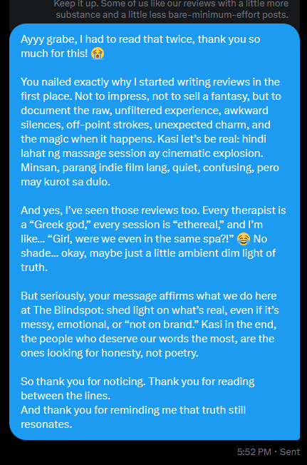 TheBlindSpotPh's tweet photo. #validated 
Not everyone gets it, but some do. 
And when they do, it hits different. 💯

Thank you for seeing the work behind the words.
maraming maraming salamat po,🥹

#TheBlindSpotPH 🌈🕵️‍♂️
#SpaReviews #QueerVoices #HonestWriting https://t.co/P16QdosO1X
