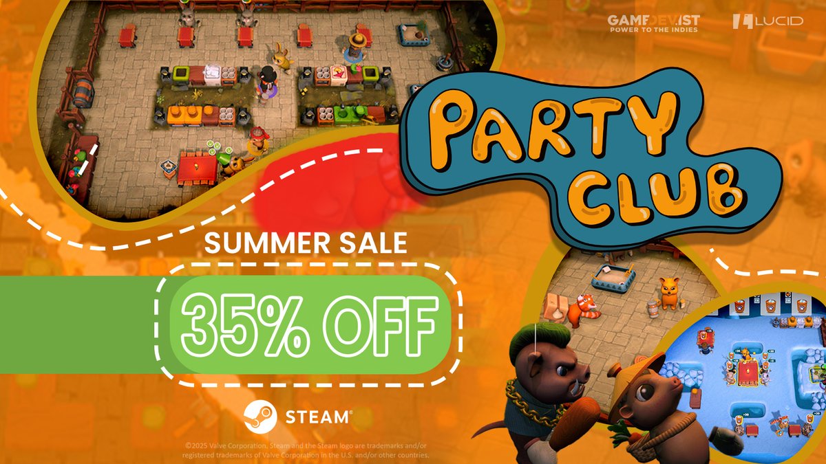 PARTY CLUB IS ON SALE! 

Frustrate your friends and mix the best drinks the animal kingdom has ever seen.  

Grab Party Club, a co-op party game that will make losing your friends easier :D   

LET'S GO! store.steampowered.com/app/2796010/Pa…

 #indiegame #indiegamedev #steamsale #summersale