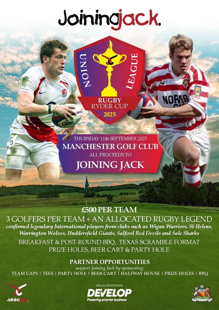 Joining Jack (@alljoinjack) on Twitter photo Can't wait for <a href="/DevelopUK/">Develop UK</a> Golf Day for Team JJ with a Ryder Cup theme and a host of legends from rugby league and union
Taking place on September 11 at <a href="/GolfManchester/">Manchester Golf Club</a> teams of 3 will be allocated a rugby legend - email info@joiningjack.org
#rydercuprugby #TeamJJ ππ Can't wait for <a href="/DevelopUK/">Develop UK</a> Golf Day for Team JJ with a Ryder Cup theme and a host of legends from rugby league and union
Taking place on September 11 at <a href="/GolfManchester/">Manchester Golf Club</a> teams of 3 will be allocated a rugby legend - email info@joiningjack.org
#rydercuprugby #TeamJJ ππ