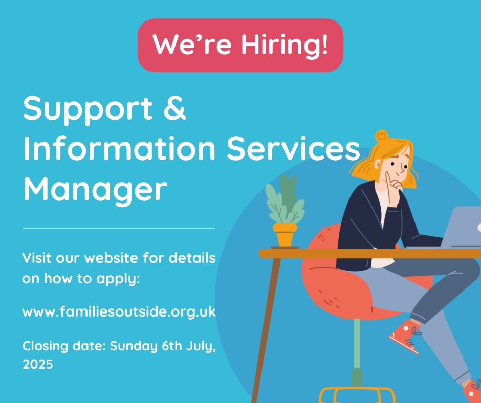 🚨 We’re hiring!
Families Outside is looking for a Support &amp; Information Services Manager to lead and develop our frontline support for families affected by imprisonment.
🗓️ Apply by Sunday 6th July
📍 Edinburgh-based with flexibility for hybrid working
🔗 ow.ly/nzF450WeC7T