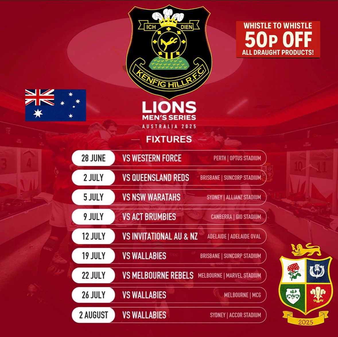 Kenfig Hill RFC (@kenfighillrfc) on Twitter photo Watch all the <a href="/lionsofficial/">British & Irish Lions</a> games live in the club this summer starting tomorrow at 11am when they take on the <a href="/westernforce/">Western Force</a> . 50p off draught from whistle to whistle alongside other drink promotions #ourclub #halamules Watch all the <a href="/lionsofficial/">British & Irish Lions</a> games live in the club this summer starting tomorrow at 11am when they take on the <a href="/westernforce/">Western Force</a> . 50p off draught from whistle to whistle alongside other drink promotions #ourclub #halamules