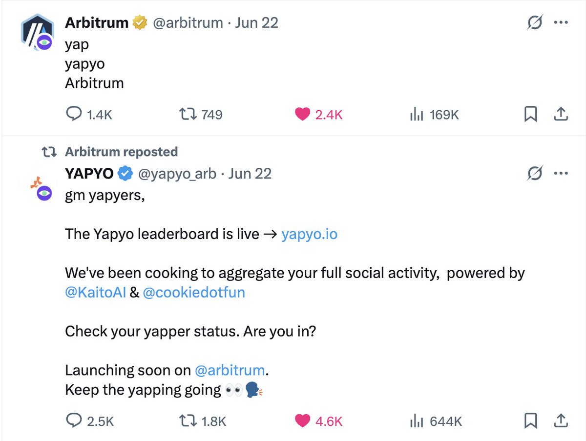 Fact: <a href="/yapyo_arb/">YAPYO</a> has been highlighted by <a href="/arbitrum/">Arbitrum</a> four times in one week, a significant achievement.

Previously, <a href="/arbitrum/">Arbitrum</a> mainly spotlighted prominent social platforms and original projects like <a href="/XAI_GAMES/">XAI 🎮⛓️</a> and <a href="/CamelotDEX/">Camelot</a>. 

This underscores <a href="/yapyo_arb/">YAPYO</a>'s unique status within