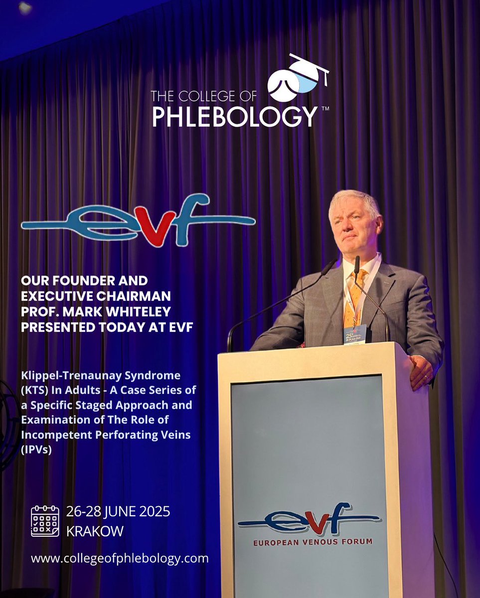 Today at the European Venous our founder and executive chairman, Prof. Mark Whiteley, delivered his presentation titled:
"Klippel-Trenaunay Syndrome (KTS) in Adults –A Case Series of a Specific Staged Approach and Examination of the Role of Incompetent Perforating Veins (IPVs)."
