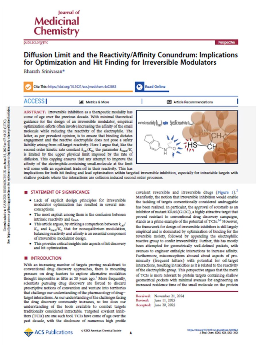 bharath_IGC's tweet image. Excited to share a perspective I wrote on the evolving role of irreversible inhibitors in drug discovery published in the @JMedChem.
I would specifically like to thank Henry Blackwell for his immense contribution.
@CR_UK , @ACSBioMed