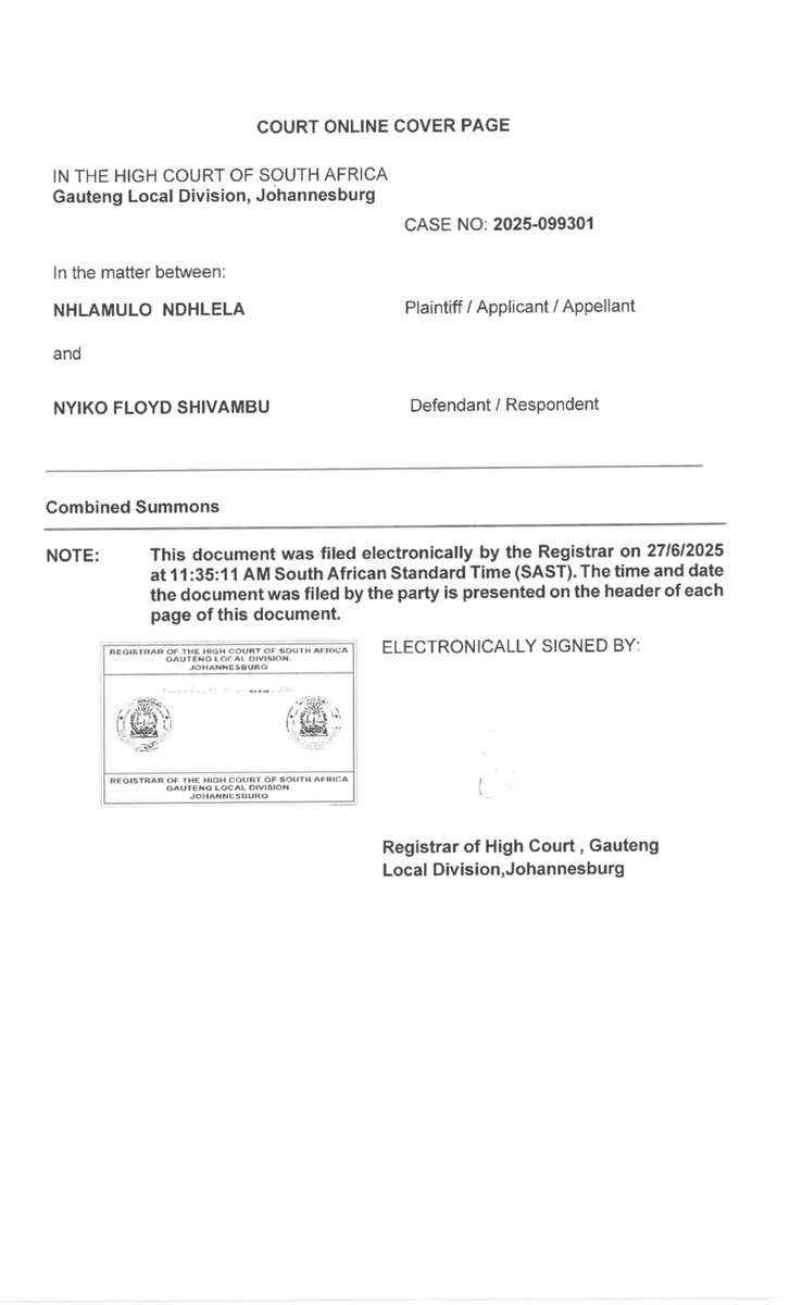 NhlamuloNdhlela's tweet image. High Court Case - Combined Summons - Nhlamulo Ndhlela ( Applicant) & Nyiko Floyd Shivambu (Defendant)- CASE NO: 2025-099301