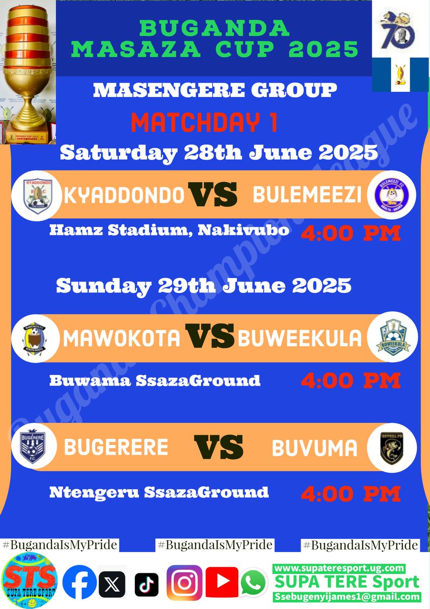JamesSsebugenyi's tweet photo. Buganda Masaza Cup 2025//#STSnews By Munnakyotera
🔵 MatchDay 1🔴
Saturday 21st June 2025
BUDDU 1️⃣:0️⃣ GOMBA
Sseruwuge. C 78'
Saturday 28th June 2025
SSESE 🆚️ BULUULI
KYADDONDO 🆚️ BULEMEEZI
KABULA 🆚️ SSINGO
#supteresport #localsports #BugandaIsMyPride
#yourdailysportfood https://t.co/4LeBlAgg9i
