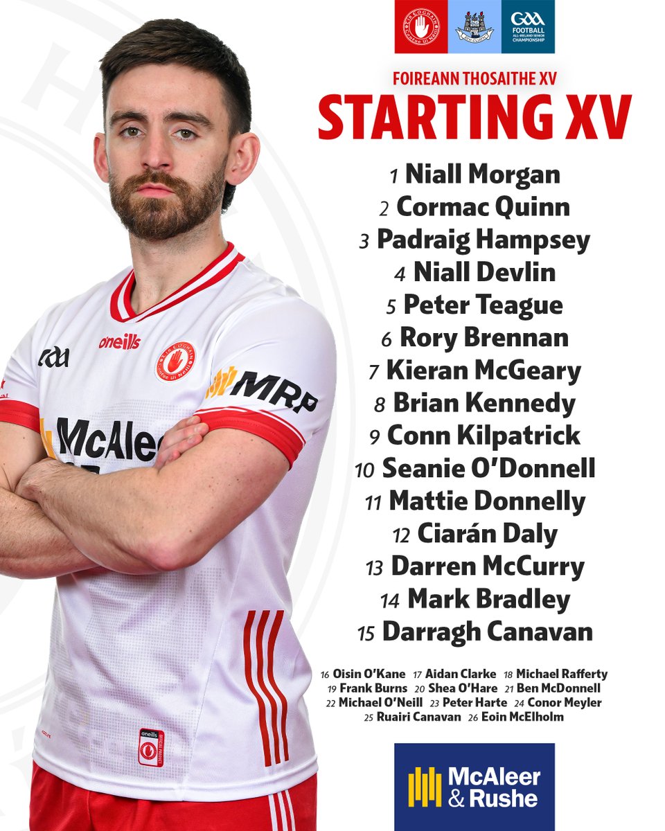 TyroneGAALive's tweet photo. 📣 Here's our Starting XV for tomorrow's All-Ireland Senior Football Championship quarter-final against Dublin. 

⏰ Throw-in at 6.15pm
🆚 Tyrone v Dublin
📍 Páirc an Chrócaigh

👉🏻 Tickets are available to purchase online, and in selected stores, visit https://t.co/tyb9AB15sq

#RedHandRising