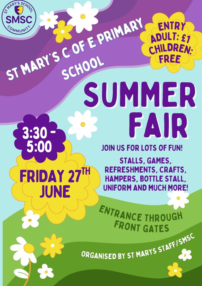 Come and join us at our Summer Fair today at 3.30 pm to 5.00pm. Lots of fun for all the family.