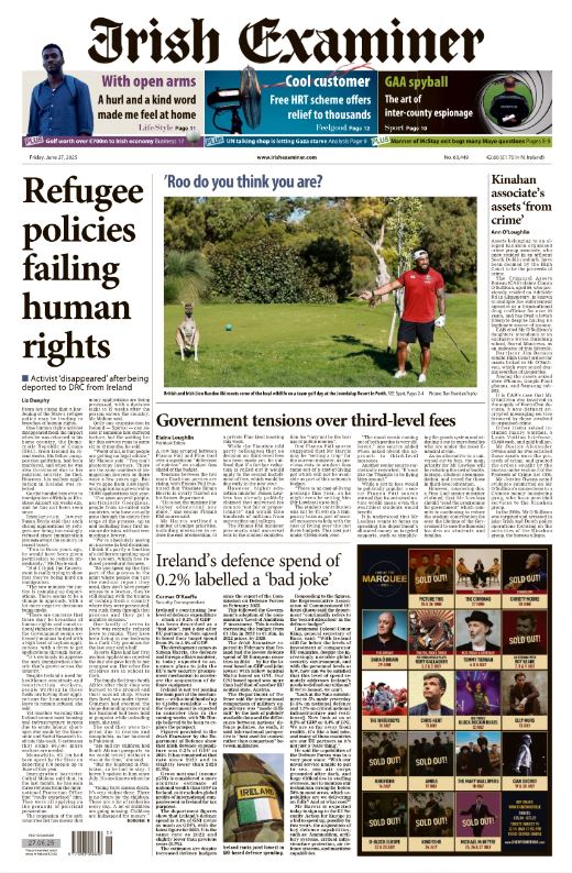 LizDunphy1's tweet image. Refugee policies failing human rights; Kinahan associate’s assets ‘from crime’; Government tensions over third level fees; and Ireland’s defence spend of 2% labelled ‘a bad joke’ on today's @irishexaminer front page #buyapaper