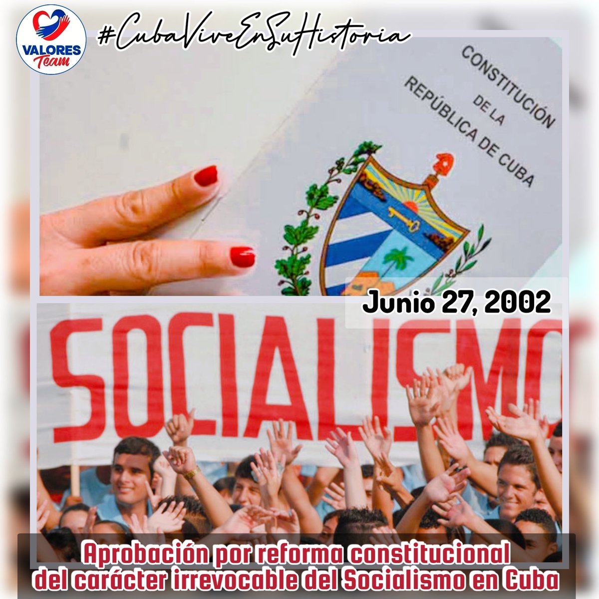 Valores Team (@valoresteam1) on Twitter photo #UnidosXCuba
‼️Firmeza Ideológica‼️
🇨🇺💪 Cuba conmemora 2️⃣3️⃣ años de Proclamado el carácter irrevocable del Socialismo, luego de un referendo en el que dieron su apoyo más de ocho millones de cubanos.
#CubaViveEnSuHistoria
#ValoresTeam🕊️
<a href="/AsambleaCuba/">Asamblea Nacional Cuba</a> #UnidosXCuba
‼️Firmeza Ideológica‼️
🇨🇺💪 Cuba conmemora 2️⃣3️⃣ años de Proclamado el carácter irrevocable del Socialismo, luego de un referendo en el que dieron su apoyo más de ocho millones de cubanos.
#CubaViveEnSuHistoria
#ValoresTeam🕊️
<a href="/AsambleaCuba/">Asamblea Nacional Cuba</a>