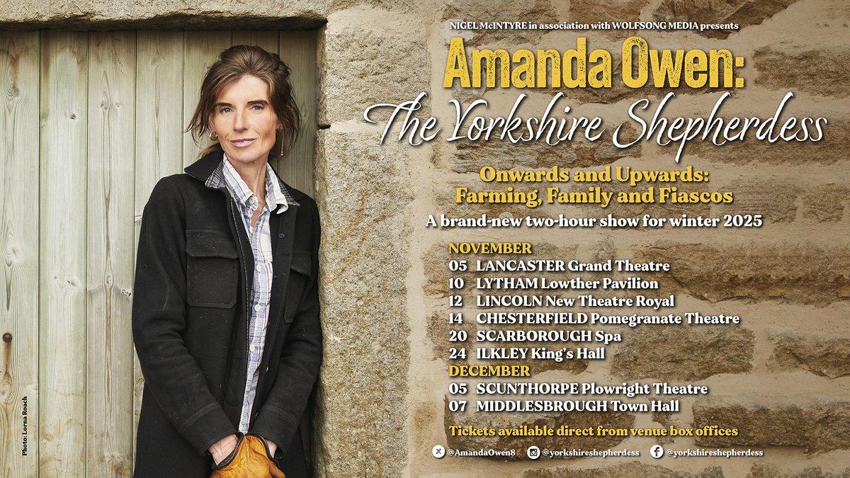 Onwards and Upwards!! Amanda’s going on tour!    In a brand-new show for winter 2025, <a href="/AmandaOwen8/">YorkshireShepherdess</a>, bestselling author and star of TV’s Our Yorkshire Farm and Our Farm Next Door, shares heartwarming stories and humorous anecdotes from life on the farm. 
🎟️nothird.co.uk/live-shows/ama…