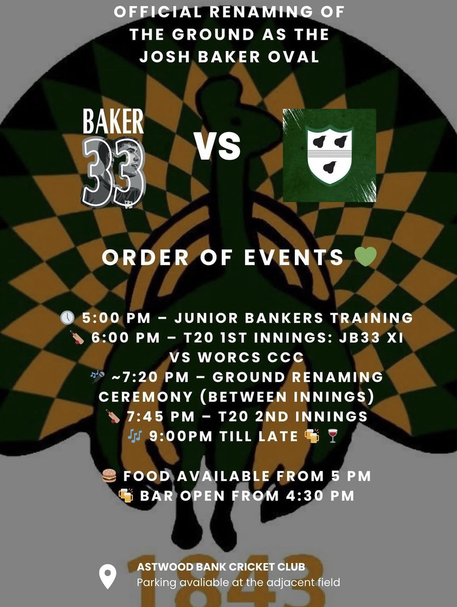 Worcestershire CCC (@worcsccc) on Twitter photo Later this evening, <a href="/thebankcc/">Astwood Bank CC</a> will officially rename their ground The Josh Baker Oval ๐
A Worcestershire XI will be taking on a JB33 Foundation XI, and you are bound to see some familiar faces! ๐
#JB33 Later this evening, <a href="/thebankcc/">Astwood Bank CC</a> will officially rename their ground The Josh Baker Oval ๐
A Worcestershire XI will be taking on a JB33 Foundation XI, and you are bound to see some familiar faces! ๐
#JB33