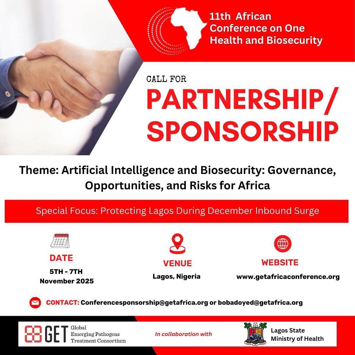 🤝 Why Sponsor or Partner with #GETAfrica2025?

✅ Boost your brand across Africa’s top health &amp; biosecurity platform
✅ Support impact-driven solutions
✅ Connect with key decision-makers

📍 Lagos | 🗓 Nov 5–7
🔗 getafricaconference.org/partnership

#onehealth #globalhealth #ai