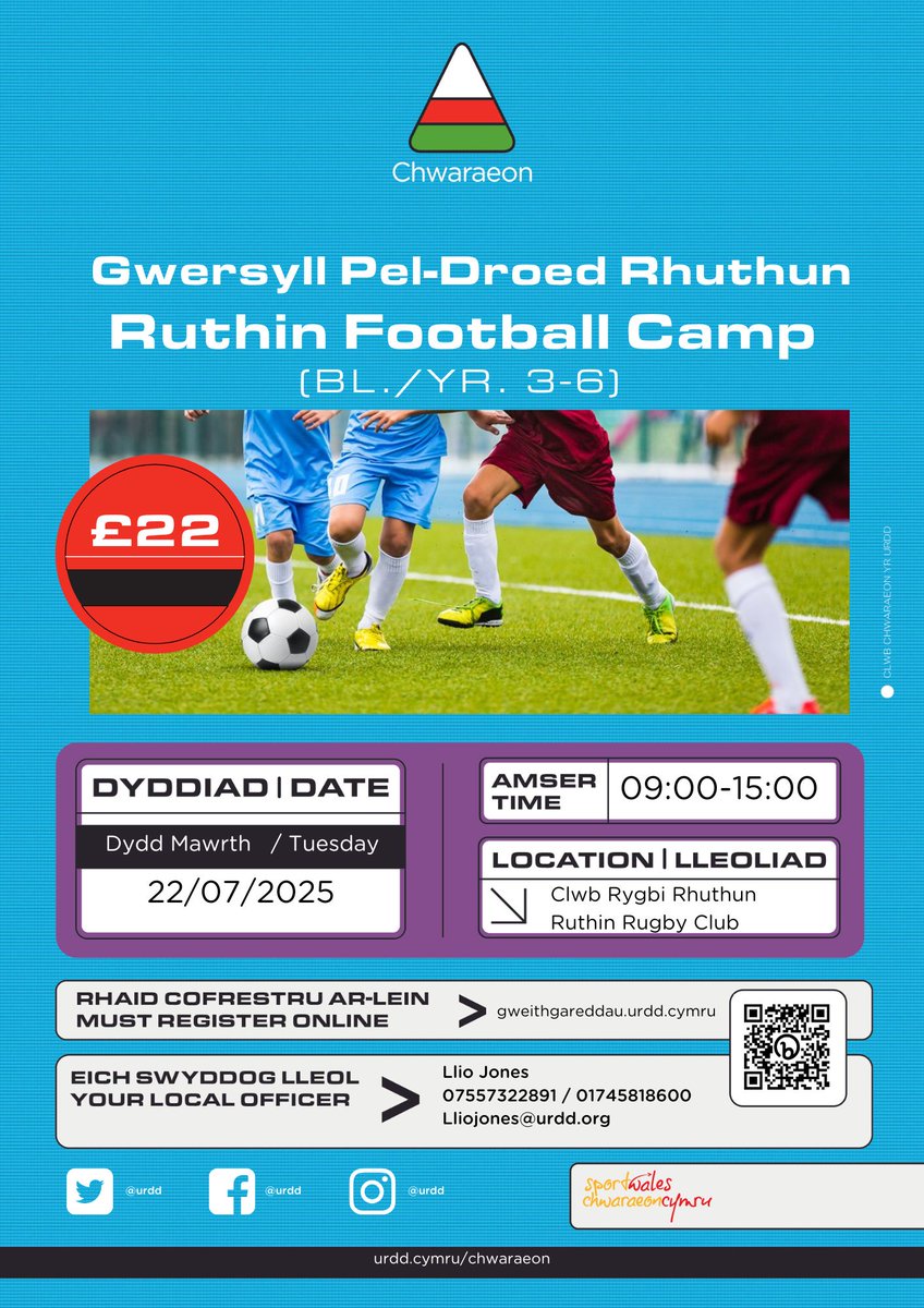 Urdd Sir Ddinbych (@urdddinbych) on Twitter photo ⚽Gwersyll Pel Droed Rhuthun ⚽
Dydd Mawrth
22/07/25
Clwb Rygbi Rhuthun
£22
Linc Cofrestru -live-yporth.azurewebsites.net/.../a53bdcb1-1…...
Am fwy o wybodaeth cysylltwch a Llio - Lliojones@urdd.org ⚽Gwersyll Pel Droed Rhuthun ⚽
Dydd Mawrth
22/07/25
Clwb Rygbi Rhuthun
£22
Linc Cofrestru -live-yporth.azurewebsites.net/.../a53bdcb1-1…...
Am fwy o wybodaeth cysylltwch a Llio - Lliojones@urdd.org