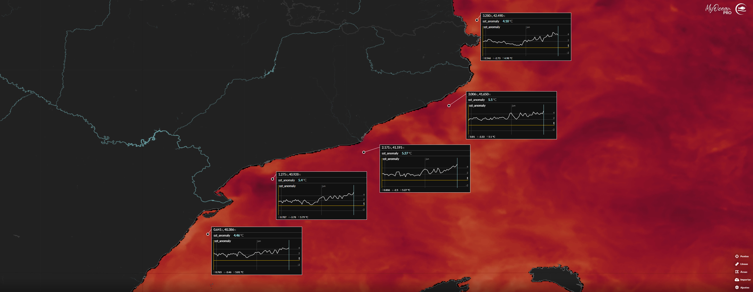 Imatge elaborada pel servei Copernicus Marine Environment Monitoring Service (CMEMS), a partir de dades de satèl·lit.
S’hi mostren casos concrets davant la costa catalana de l’anomalia de temperatura superficial del mar el dia 25 de juny, en relació amb la mitjana climàtica. S’observa que l’anomalia volta els +5 °C.