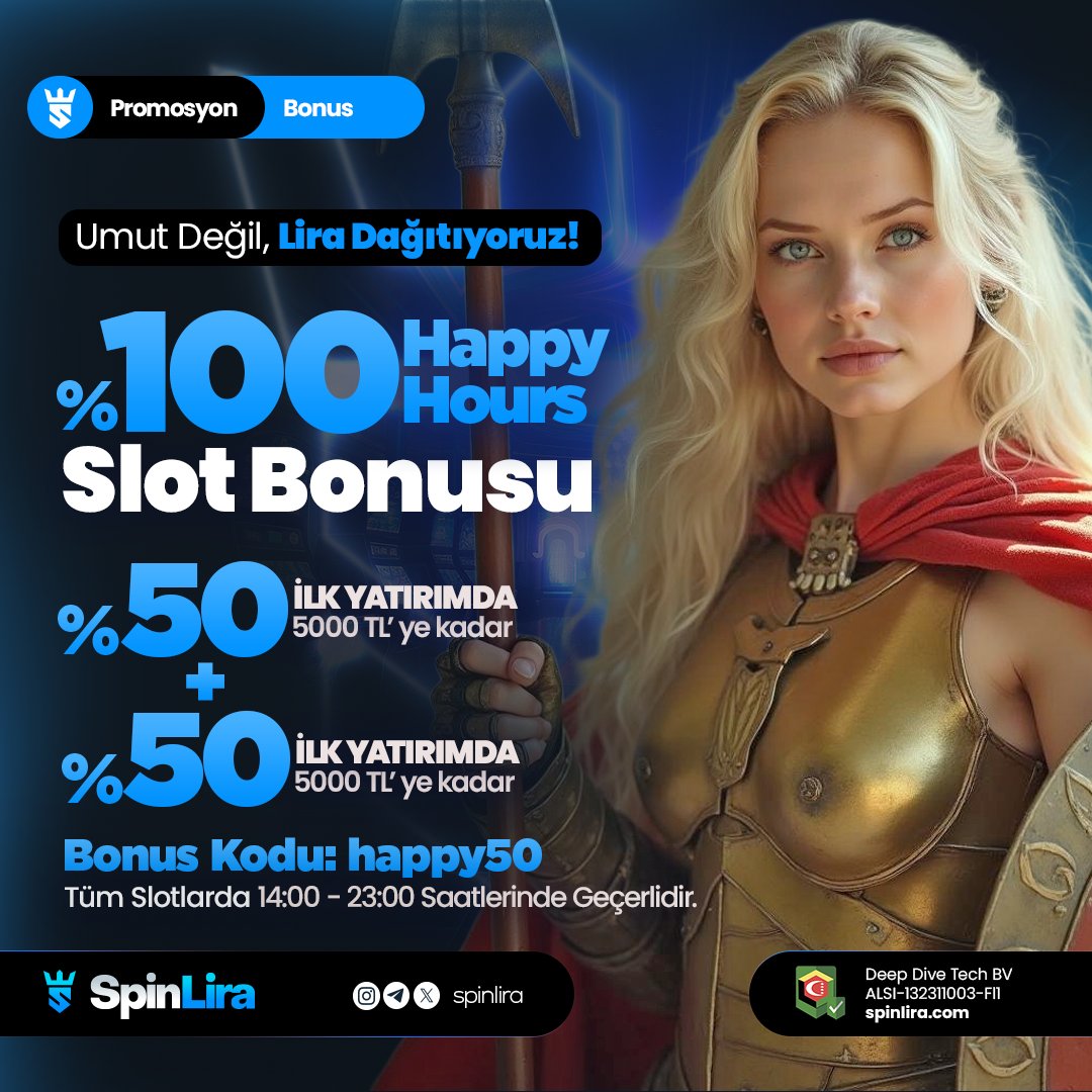SpinLira's tweet photo. 🎉 %100 Happy Hour Başladı! 
✅ Bugün sadece 14:00 - 23:00 saatleri arasında geçerli!
✅ Tüm slotlarda geçerli

🎁 Toplamda %100 Slot Bonusu Sizi Bekliyor!
✅ İlk ve ikinci yatırımda %50 slot bonusu
✅ Maksimum 5.000₺'ye kadar!

✅ Bonus Kodu: happy50

✅ Bu fırsat kaçmaz! Şimdi yatırım yap, kazancını katla!
🔔 SpinLira giriş 🔗 https://t.co/YMQVqGzo3V