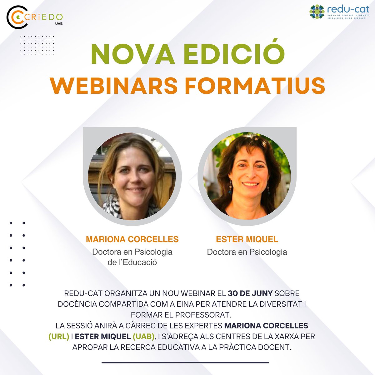 🔁 Torna el cicle de webinars REDU-CAT!

🗓️ El 30 de juny parlarem de docència compartida com a clau per atendre la diversitat i formar el professorat. 

#CRiEDO #REDUCAT #Educació #Webinar #DocènciaCompartida #Diversitat #Professorat
