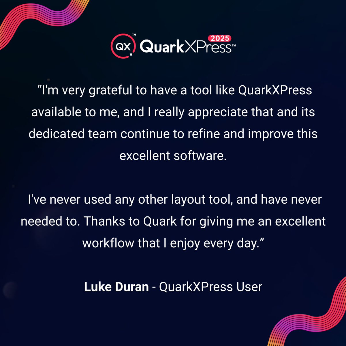 QuarkXPress's tweet image. A huge thank you to Luke for this fantastic review! 🎉 We're so glad to hear you had a great experience with QuarkXPress.
It's your feedback that empowers us to continually get better at what we do.
#QuarkXPress #UserReview #DesignSoftware #Feedback