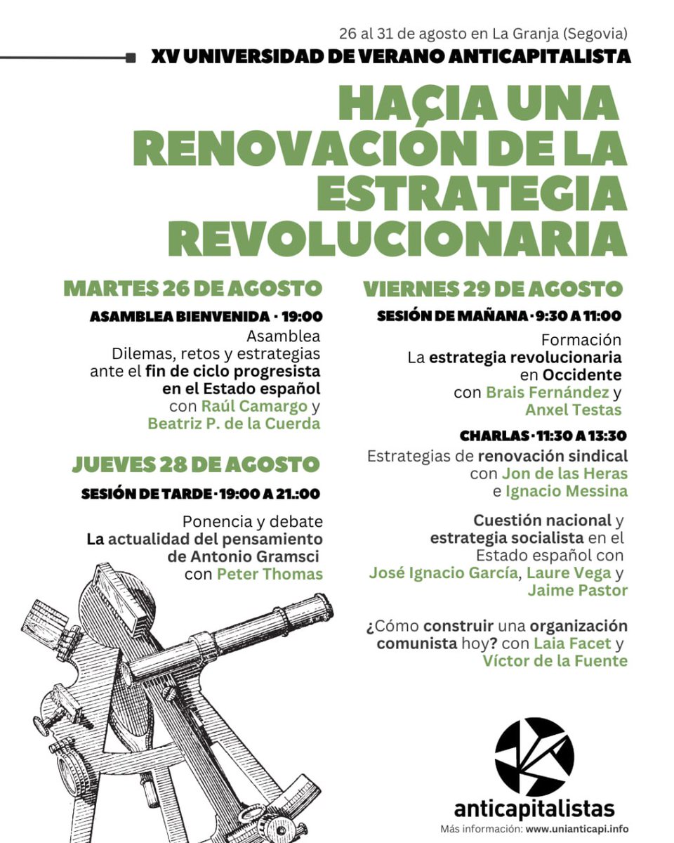 La Universidad de verano anticapitalista es también un espacio para la discusión sobre estrategia revolucionaria, aportando ideas para su renovación desde el marxismo abierto. 

Programa completo e inscripciones con precios reducidos hasta el 1 de julio en unianticapi.info