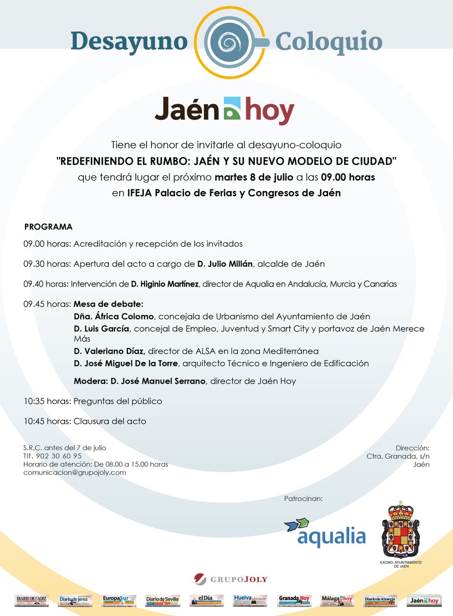 #PróximosEventos 🚨
Este martes 8 de julio a las 09:00 h tienes una cita en #Ifeja:
☕ Desayuno-coloquio “Redefiniendo el rumbo: Jaén y su nuevo modelo de ciudad”
Una mirada al futuro urbano, la movilidad y el empleo en Jaén.
📍 ¡Te esperamos!
#Jaén #IfejaEsMás #CiudadSostenible