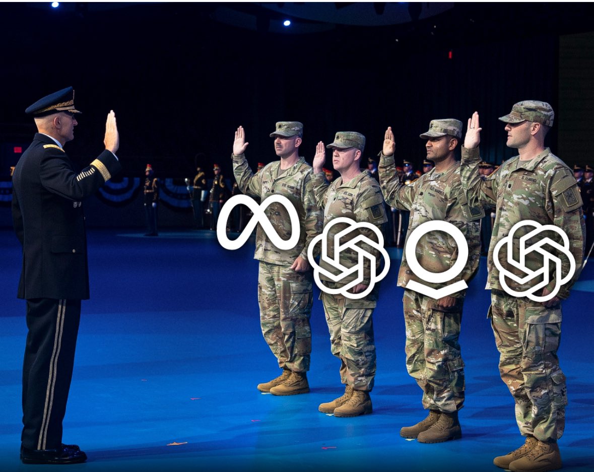 U.S. Army Reserve names four tech leaders as lieutenant colonels in its new Executive Innovation Corps to boost defense R&amp;D:

$PLTR - Shyam Sankar 
$META - Andrew Bosworth
OpenAI - Kevin Weil &amp; Bob McGrew

They’ll advise on AI strategy, working ~120 hours/year.
