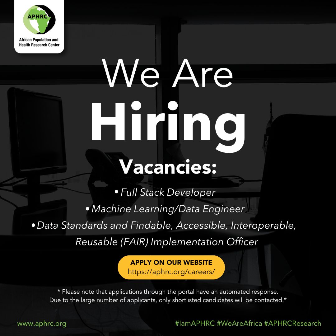 📢 We are hiring! Join our team and help drive data-driven solutions for Africa’s research and policy development.

We are looking for:
✅ Full Stack Developer: buff.ly/ea2f9ib
✅ Machine Learning/Data Engineer-buff.ly/pk7oa4R
✅ Data Standards and Findable,