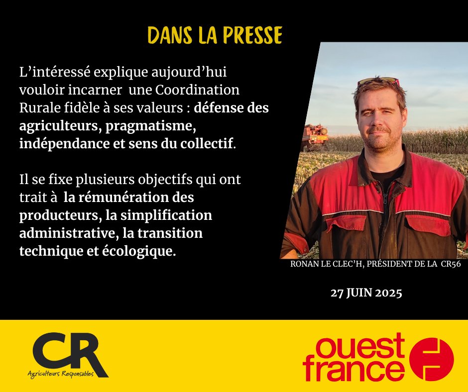 coordinationrur's tweet image. 🟡 Ronan Le Clec’h a été élu président de la Coordination rurale du #Morbihan 🤩
👉 "L’intéressé explique aujourd’hui vouloir incarner  une Coordination Rurale fidèle à ses valeurs : défense des agriculteurs, pragmatisme, indépendance et sens du collectif.
Il se fixe plusieurs