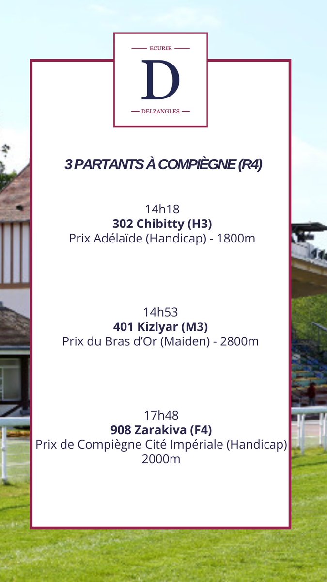 Mikel Delzangles (@delzanglesmikel) on Twitter photo Aujourd’hui à <a href="/HippoCompiegne/">Hippodrome Compiègne</a> (R4)
🐎Chibitty (P. Arsac)
«Il a une chance dans ce lot et les dernières pluies devraient l'avantager.»
🐎Kizlyar (<a href="/AgaKhanStuds/">Aga Khan Studs</a>)
« Il devrait répéter ses bonnes performances. »
🐎Zarakiva (La Vallée)
« Elle fait une grosse rentrée. » Aujourd’hui à <a href="/HippoCompiegne/">Hippodrome Compiègne</a> (R4)
🐎Chibitty (P. Arsac)
«Il a une chance dans ce lot et les dernières pluies devraient l'avantager.»
🐎Kizlyar (<a href="/AgaKhanStuds/">Aga Khan Studs</a>)
« Il devrait répéter ses bonnes performances. »
🐎Zarakiva (La Vallée)
« Elle fait une grosse rentrée. »