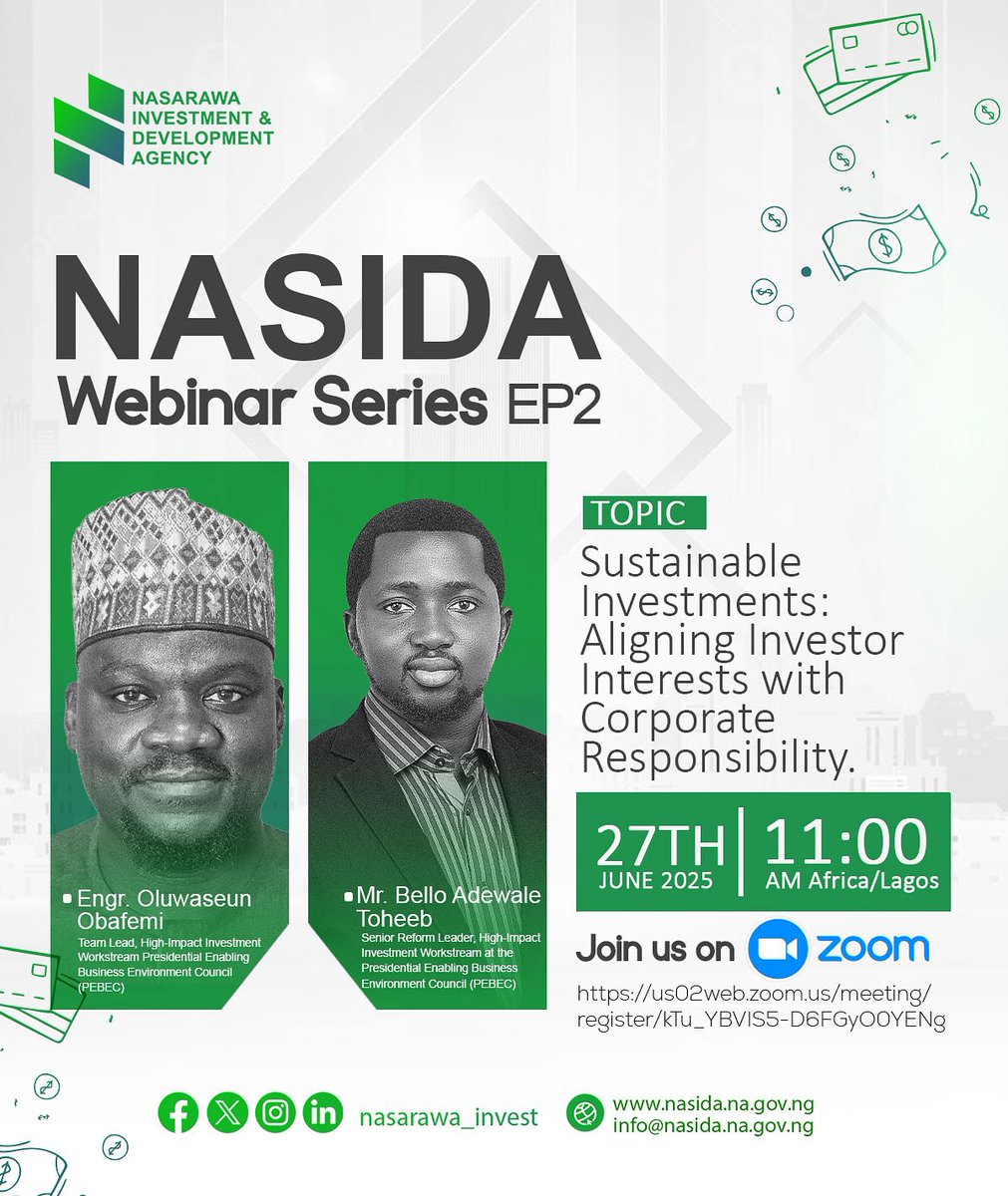 Presidential Enabling Business Environment Council (@pebecgovng) on Twitter photo Happening Now!
Special Webinar on Sustainable Investments with <a href="/NasarawaInvest/">Nasarawa Invest</a>
Join in via Zoom: us02web.zoom.us/meeting/regist…
#PEBECWorks #SustainableInvestments #NasarawaInvest #Economy Happening Now!
Special Webinar on Sustainable Investments with <a href="/NasarawaInvest/">Nasarawa Invest</a>
Join in via Zoom: us02web.zoom.us/meeting/regist…
#PEBECWorks #SustainableInvestments #NasarawaInvest #Economy