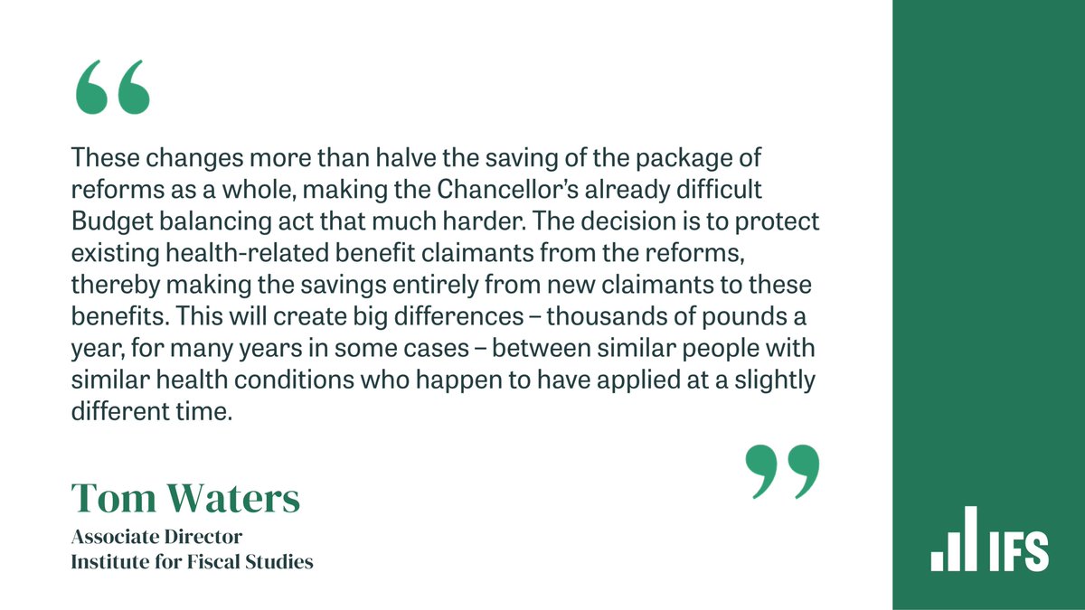 Institute for Fiscal Studies (@theifs) on Twitter photo NEW: Changes to health-related benefit reforms would reduce saving from the planned bill by Ā£3 billion in 2029ā30, but would create a huge difference in support between claimants.
Read <a href="/TomWatersEcon/">Tom Waters</a>, <a href="/LatimerEduin/">Eduin Latimer</a> and <a href="/matthewoulton/">Matthew Oulton</a>ās new briefing here: ifs.org.uk/articles/chang⦠NEW: Changes to health-related benefit reforms would reduce saving from the planned bill by Ā£3 billion in 2029ā30, but would create a huge difference in support between claimants.
Read <a href="/TomWatersEcon/">Tom Waters</a>, <a href="/LatimerEduin/">Eduin Latimer</a> and <a href="/matthewoulton/">Matthew Oulton</a>ās new briefing here: ifs.org.uk/articles/changā¦