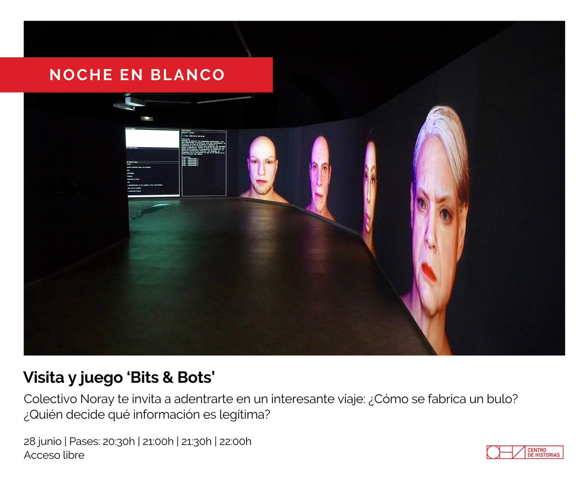 🌚NOCHE EN BLANCO⚪️ Visita y juego ‘Bits &amp; Bots’ junto a Colectivo Noray. Adéntrate en un interesante viaje📲💻: Cómo se fabrica un bulo? Quién decide qué información es legítima?… Después lánzate al juego ‘Noticia’!
📍28 junio. Pases: 20:30h | 21h | 21:30h | 22h. Acceso libre.