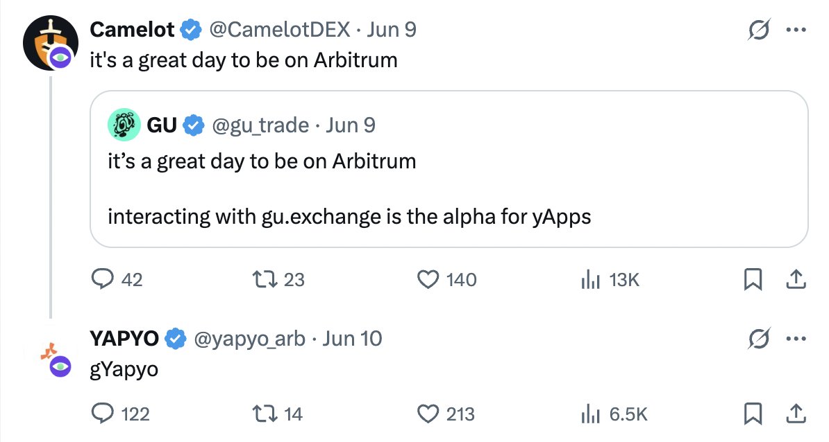 One more fact of <a href="/yapyo_arb/">YAPYO</a> for today (Cuz I can't find anything more lol)

There are only 3 projects on <a href="/arbitrum/">Arbitrum</a>'s ecosystem that <a href="/yapyo_arb/">YAPYO</a> engages with:
• Gu Trade - <a href="/gu_trade/">GU</a> 
• Arbitrum Play - <a href="/ArbitrumPlay/">Arbitrum Play</a> 
• Camelot Exchange - <a href="/CamelotDEX/">Camelot</a> 

Nothing to say about
