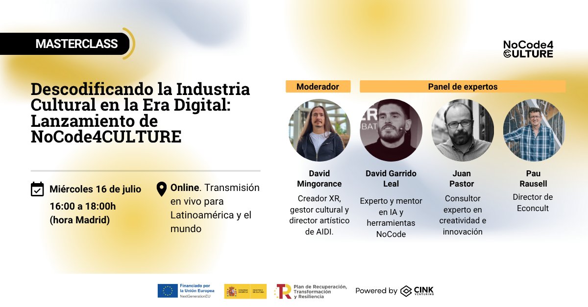 🎭 ¿Tienes una idea creativa o cultural y quieres digitalizarla sin programar?
🚀 NoCode4CULTURE te da las herramientas para hacerlo posible.
📆 16 de julio · Online y gratis
🔗 Apúntate ya: bit.ly/4emPrC1
#NoCode #CulturaDigital #ICC