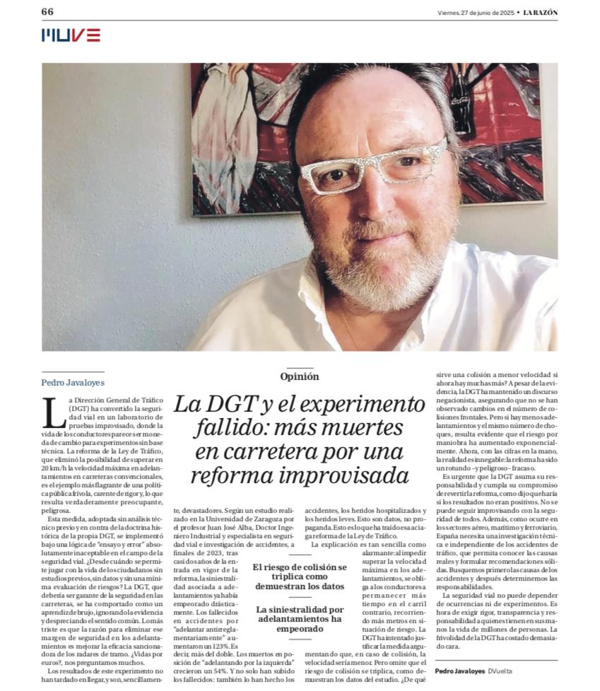 JavaloyesPedro's tweet photo. Hoy, en el Anuario de Motor de @larazon_es, escribo sobre el peligroso experimento de la @DGTes de eliminar el margen de 20 km/h para adelantar. Han crecido los muertos en adelantamiento un 123%. Todo porque quieren afinar los #radares de tramo. Vidas por euros. https://t.co/2H65GFORNJ