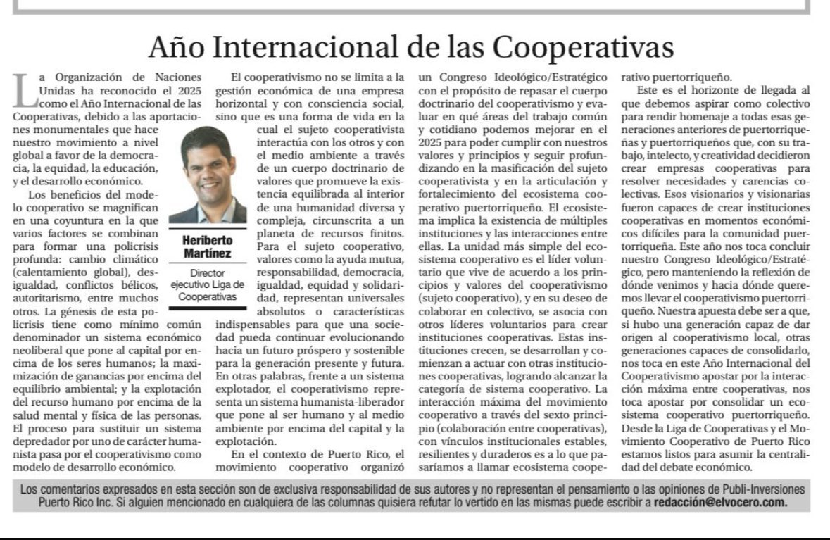 Los invito a leer mi más reciente columna acerca del Año Internacional de las Cooperativas 2025, y de los Congresos Ideológico y Ordinario de este fin de semana que estará celebrando la Liga de Cooperativas de 🇵🇷.

elvocero.com/opinion/column…