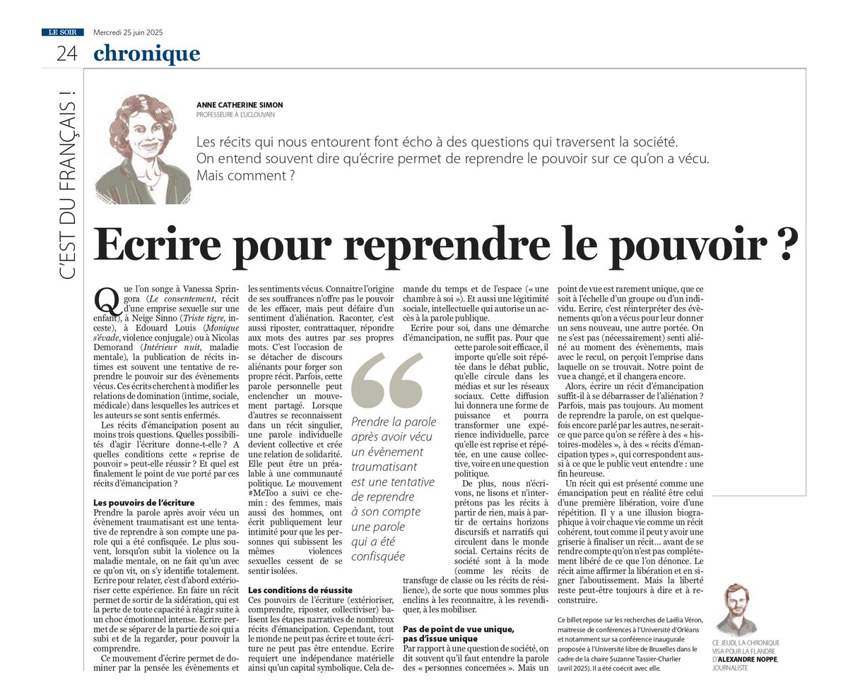 "Écrire, parler pour reprendre le pouvoir"... C'est une idée qui circule de plus en plus. Mais est-ce possible? À quelles conditions? Avec quelles limites? 
Billet écrit avec la linguiste Anne-Catherine Simon pour <a href="/lesoir/">Le Soir</a>