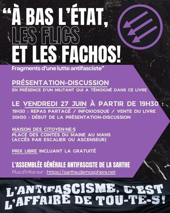 Observatoire_VP's tweet photo. 👁️ AU MANS, LES ANTIFAS FONT LA PROMOTION DE LA VIOLENCE DANS DES LOCAUX FINANCÉS PAR DE L’ARGENT PUBLIC

La Maison des citoyens, située au 26 avenue du général de Gaulle, est largement financée par la Ville du #Mans et donc par de l’argent public. Ce local, qui dispose tout de même d’une superficie de 200 m², est officiellement mis à disposition de différentes associations de gauche et d’extrême gauche, dites de « solidarité ».

Or, d’autres organisations bénéficient de ces locaux, à l’image du Collectif Antifasciste de la Sarthe et de l'Assemblée générale antifasciste de la #Sarthe (deux entités qui regroupent les mêmes personnes) qui, selon nos informations, ont récemment multiplié les événements au sein de cette Maison des citoyens mais également à la maison des syndicats, elle-même financée par de l’argent public.

Ce vendredi 27 juin, à 19h30, les antifas manceaux se réunissent à la Maison des citoyens pour une « présentation-discussion » autour de l’ouvrage À bas l’Etat, les flics et les fachos - Fragments d’une lutte antifasciste, un livre qui raconte les faits d’armes du Groupe Antifas #Lyon et Environs (GALE), un groupuscule antifa dissout en novembre 2023 pour ses appels à la violence, ses multiples agressions ou encore sa haine de la police. Un militant de la GALE sera présent ce soir à la Maison des citoyens afin de présenter l’ouvrage et magnifier les violences de son groupe. L’Observatoire vous propose d’en découvrir la teneur à l’aide de quelques citations :

2013, l’affaire des 25 : « On avait des sacs de cailloux, de bouteilles et de piles pour leur jeter dessus, des barres en bois, des fumigènes, certains avaient des poings américains, des gazeuses… » p.25

Novembre 2014, contre le XVe congrès du FN à Lyon : « On avait chauffé à blanc tous les groupes d’Europe : sur certaines affiches d’appel à la manif, il était écrit : « Viens avec ta batte et ton casque ». Notre cortège autonome a réuni neuf cents black bloc, avec beaucoup d’Allemands, de Suisses, d’Italiens, c’était le plus gros black bloc jamais vu à Lyon. Dès le début, le chef des RG qui n’avait jamais été confronté à un tel cortège a commencé à vouloir jouer le héros : il a tenté d’arrêter un mec qui avait un marteau, tout le monde lui est monté dessus, un de ses collègues est arrivé pour le protéger et s’est pris des coups de marteau dans le genou et dans la gueule. Donc ça venait de démarrer et on avait déjà un RG blessé alors que l’idée était de commencer la manif calmement. [...] On est pas contre casser les magasins du centre-ville mais l’objectif du jour était d’attaquer le congrès du FN. »

« Pendant toute une période, on allait très souvent se balader dans le Vieux Lyon le samedi, en espérant tomber sur des bandes de fafs pour leur taper dessus, leur faire comprendre qu’ils sont en sécurité nulle part et qu’ils ne devraient pas exister ! C’était comme des sortes de maraude, qu’on appelait des chasses. Souvent on en trouvait en train de manger une glace et en général, des sympathisants de la GALE un peu cramés commençaient direct à sortir leur matraque en gueulant « y’a des fa, y’a des fa ». Forcément, le truc qu’on voulait discretos se transformait en une énorme esclandre au milieu des touristes où ça se gueulait dessus, ça se donnait des coups, puis on finissait par détaler quand la BAC arrivait. On rentrait bien content en se disant : « On a chopé machin, on a défoncé machine ». » p.35

« La violence est proportionnelle à ce qu’on a en face. Dans les années à venir, s’il y a des fafs dans la rue avec des flingues, moi je serai armée et je serai prête aussi ! Mais là, tout de suite, je ne vais pas aller buter un faf ou un flic, autant mes potes comprendraient, autant l’action ne serait pas acceptée par l’opinion publique et on serait vite catalogués comme des fous extrémistes. » p.38

« Je vois plus d’intérêt à tenir les flics à distance en leur balançant des trucs que défoncer la première agence immobilière qui passe. Même si j’avoue qu’un abribus qui éclate, c’est quand même joli ! » p.44

« Briser une vitre, ça peut être catalyseur d’énergie, d’émotion, c’est toute la colère contre ce monde qui s’introduit dans un geste. On ne change pas le monde en cassant une banque, mais à un moment donné, ça fait du bien ! Nos corps subissent la société, ils sont façonnés par la société, il faut qu’on les utilise aussi pour s’en libérer ! » p.44

1er mai 2021 : bagarre entre le black bloc et le SO de la CGT : « Il y a eu beaucoup de textes qui ont été faits sur cette baston-là, du coup ça a été compliqué pour nous de rejoindre les mouvements de travailleurs, parce que si t’étais étiqueté GALE les gens se souvenaient de cette histoire. Ça a enclenché aussi des embrouilles avec d’autres groupes, notamment avec la JC et la Jeune Garde, avec lesquels il y a eu encore des bagarres. Avec toujours les mêmes conséquences politiques de rupture, de conflits qui augmentent en intensité… » p.53

La conférence, qui vise donc à faire l’apologie de la violence et de la haine, a été revendiquée publiquement par les antifas. Prix libre, entrée libre ?

Plus d’informations sur la GALE 👉 https://t.co/nef4YyAk5K
Plus d’informations sur Grekos, un des leaders de la GALE 👉 https://t.co/4TlqUDDFax
Pour lire le livre de la GALE en PDF et découvrir les violences des antifas 👉 https://t.co/ULgW3HZnjR
Pour signaler l’anomalie à la Ville du Mans 👉 02 43 47 38 84 ou https://t.co/btB41RVWzc
Source 👉 https://t.co/qFyZAFwh1a

@SLeFoll @Prefet72 @RNSARTHE @MCarolineLePen @SartheZemmour @Republicains72 @LeMenerDom @FrDesouche @Frontieresmedia @Jules_Laurans @JordanFlrtn @Coll_Nemesis @CordierAlice2 @CocardeEtud @SirenesFR @BastionMediaFR @jylgallou @LBleuBlancRouge @jon_delorraine @lemainelibre @OuestFrance72 @BVoltaire @DamienRieu @Breizh_Info @GauthierBouchet