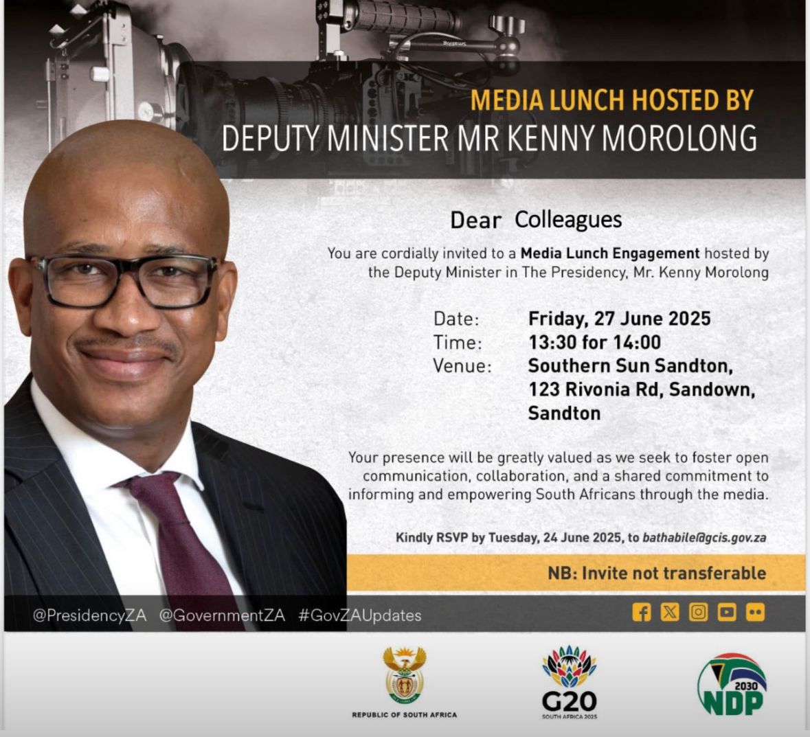 Ditshego Media (@ditshegomedia) on Twitter photo News: This afternoon at 1:30 pm, CEO <a href="/TebogoDitshego/">Tebogo Ditshego</a> will join Deputy Minister in the Presidency, Mr Kenny Morolong, for a discussion on the strategic positioning of the South African brand & the imperative of nation-building, at the Southern Sun in Rivonia, Sandton. News: This afternoon at 1:30 pm, CEO <a href="/TebogoDitshego/">Tebogo Ditshego</a> will join Deputy Minister in the Presidency, Mr Kenny Morolong, for a discussion on the strategic positioning of the South African brand & the imperative of nation-building, at the Southern Sun in Rivonia, Sandton.