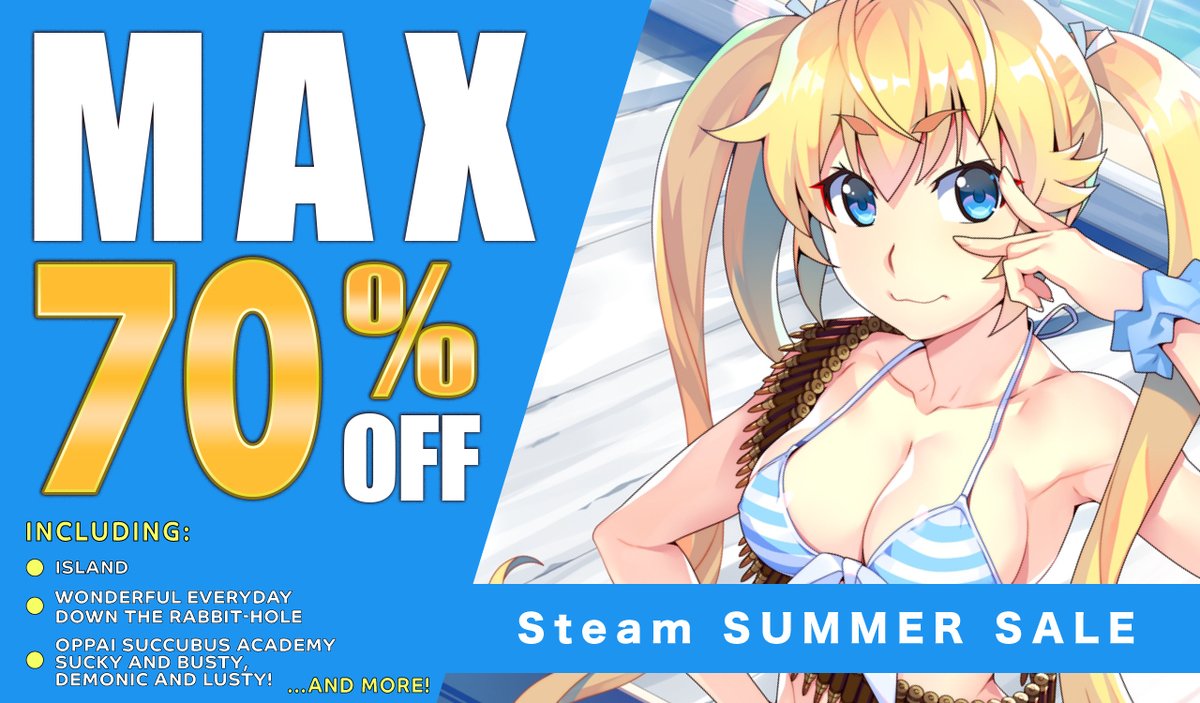 FrontwingInt's tweet image. The Steam Summer Sale is underway!
Check out the awesome discounts on Frontwing USA titles, including ISLAND and the OPPAI series! 💛
store.steampowered.com/publisher/fron…