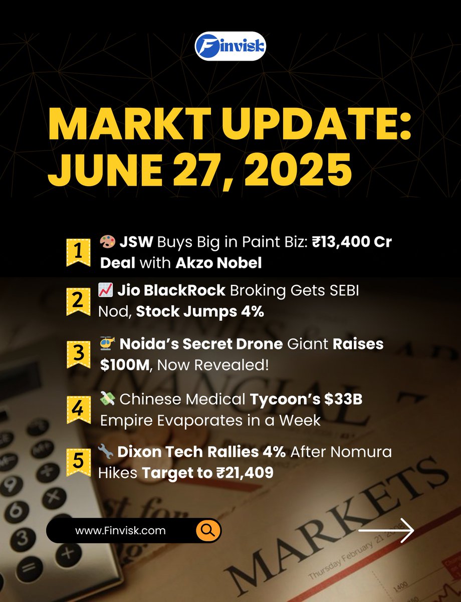 Finvisk_by_vkg's tweet photo. 📊Finvisk Wrap – June 27, 2025

🎨JSW Paints buys 75% of Akzo Nobel India
📈Jio BlackRock Broking gets SEBI nod
🚁Noida’s stealth drone giant raises $100M
#Finvisk #JSW #AkzoNobel #StockMarketIndia #DroneNews #DixonTech #ChinaMarkets #JioBlackRock #winK13x5G #Kolkata #SquidGame https://t.co/6zj3YaFTcN