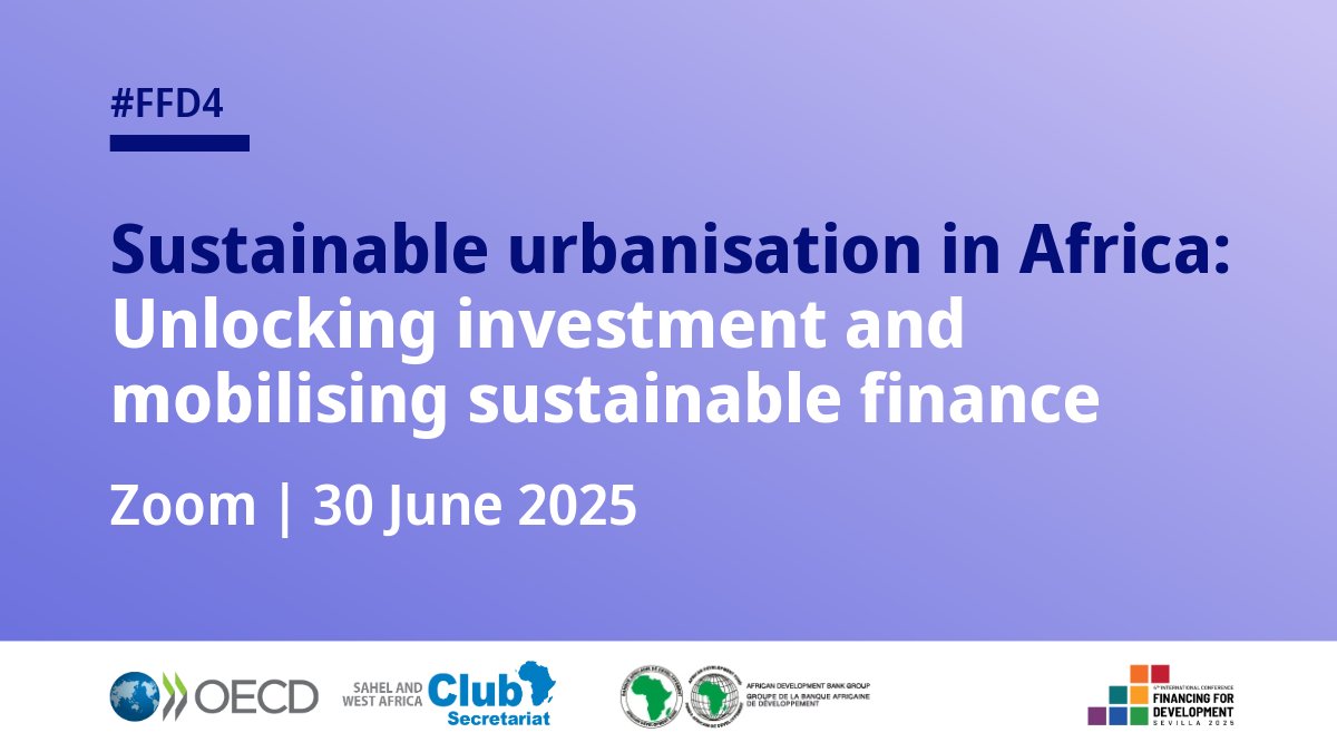Rapid urban growth in Africa calls for stronger investment in infrastructure and public services. Yet most cities lack the financing to meet growing needs. Join us at #FFD4 on 30 June to explore solutions for sustainable urban growth. 🔗oe.cd/SWACFFD4