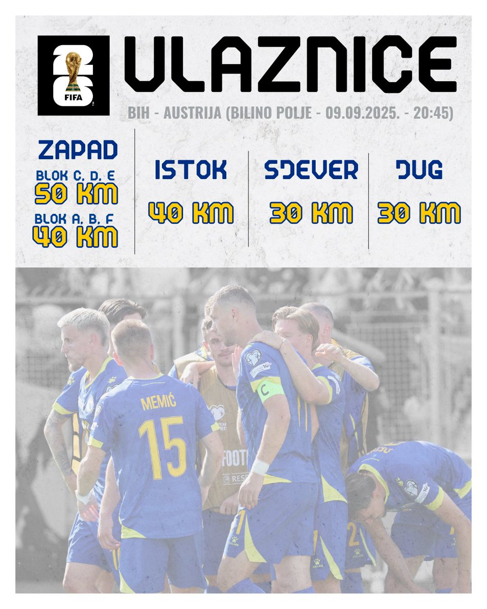 Reprezentacija Bosne i Hercegovine će naredni meč u kvalifikacijama za Svjetsko prvenstvo 2026 odigrati protiv Austrije 9. septembra 2025. godine na stadionu „Bilino polje“ u Zenici sa početkom u 20:45 sati.

Sve informacije možete pronaći na našem sajtu: nfsbih.ba/vijesti/nogome…