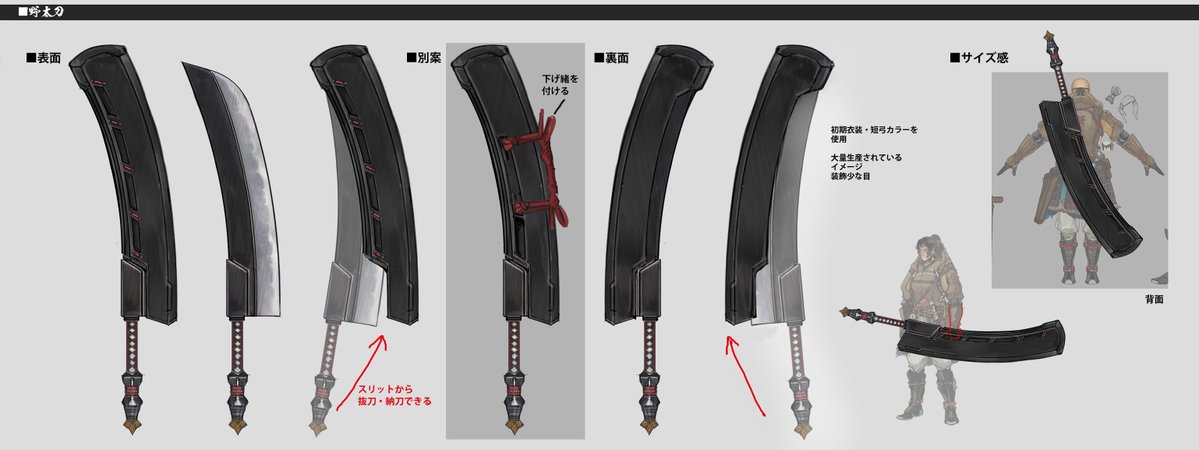 "Nodachi" is the first weapon during the development "WILD HEARTS." It emphasizes realistic weight and a satisfying attack feel. 
Designed as a giant sword for Iai style moves, it features detailed design and unique mechanics.
（by producer Hirata）

#WildHeartsS